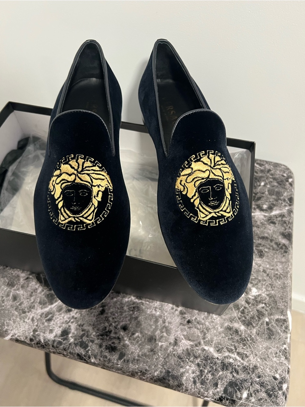 Men's Velvet Loafers with Gold Embroidered Medusa Emblem - Black